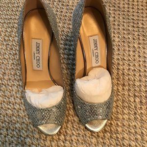 Jimmy Choo Open Toe Wedge Silver Glitter 36/6 fit